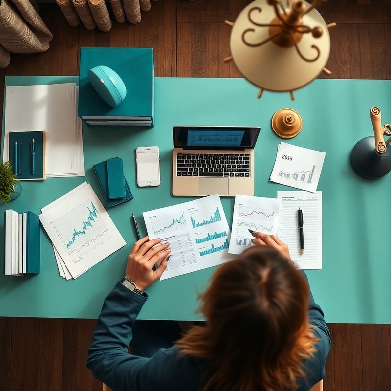Redakční pracovní stůl Studio Ostrava s notebookem zobrazujícím ekonomické grafy